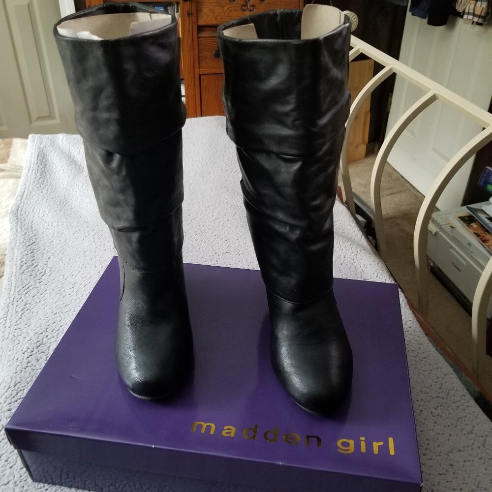 MADDEN GIRL BLACK WEDGE TALL BOOTS